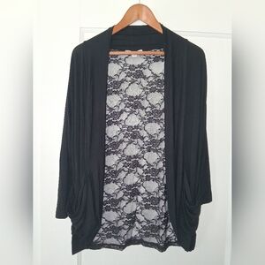 Signature Black Lace‑Back Cardigan | 1X | Open Front | Draped Lightweight Layer